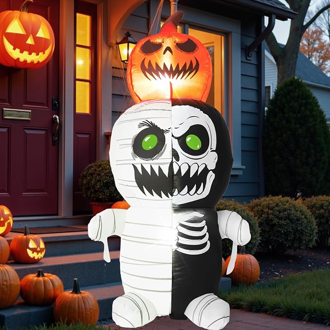 5FT Pumpkin Zombie Halloween Decoration with Built-in LED Light, Suitable for Lawn, Yard, Garden, Terrace Halloween Outdoor Inflatable Decoration - skull inflatable