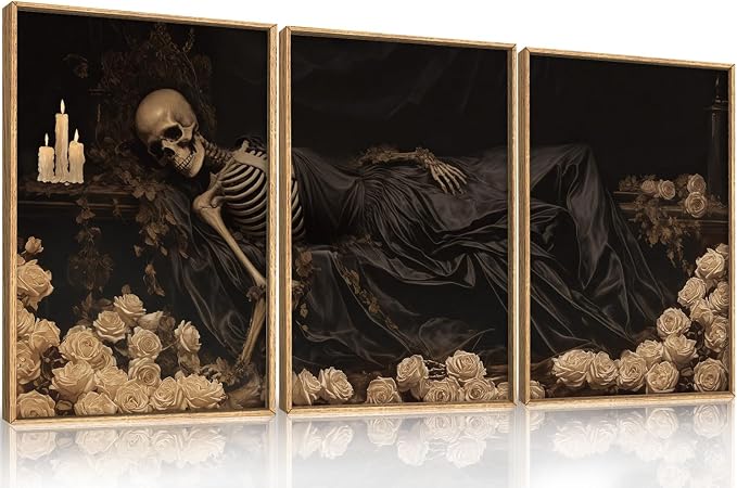 DRACIT Spooky Halloween Dark Gothic Skull Framed Canvas Wall Art-16"x24"x3 - skull wall art