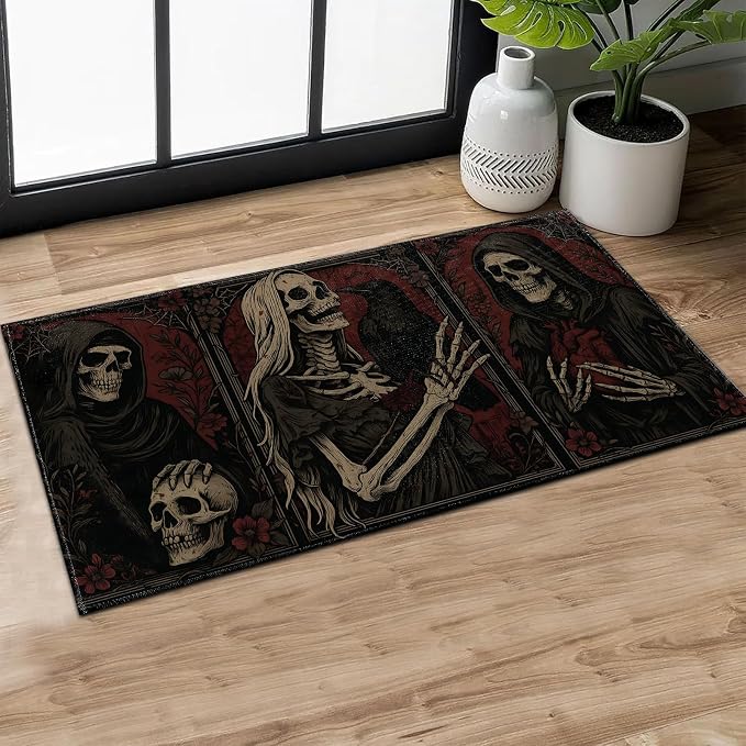 Gothic Skull Indoor Door Mat,Skeleton Raven and Floral Doormat,29.5x17in Non-Slip Rubber Backing Floor Mats,Entry Rug,for Living Room,Office,Entryway Doorways Rug Decor,Goth Doormats Gifts