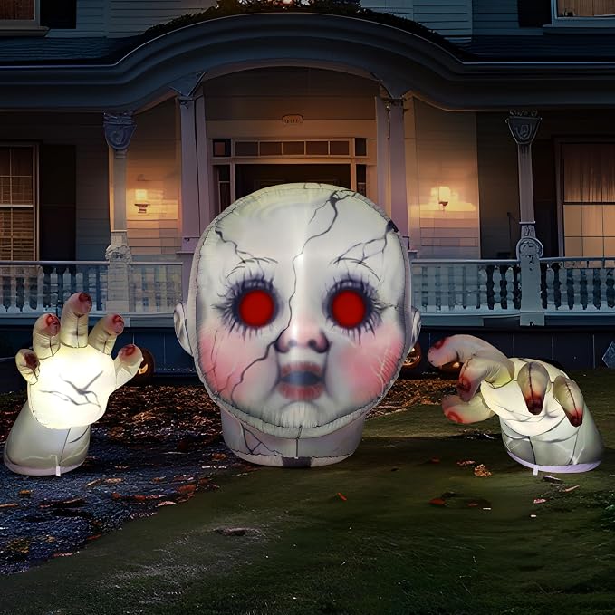 JOYIN 10.3FT Long Halloween Zombie Baby Inflatable Decoration Large Scary Doll Inflatable Outdoor Decoration with Red Eyes Halloween Blow Ups for Yard Garden Outdoor Garden Lawn Outside Party Decor - skull inflatable