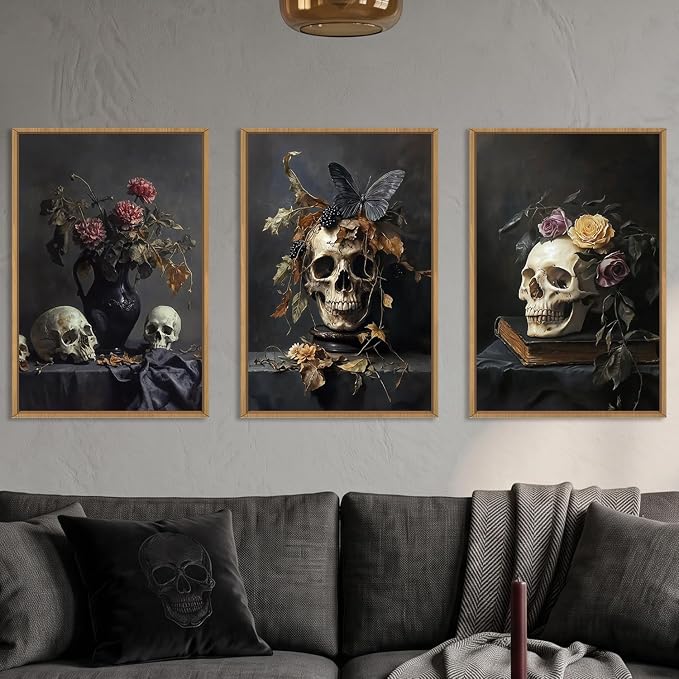 Large Vintage Skull Halloween Floral Framed Canvas Wall Art Set, Abstract Skeleton Butterfly Wall Decor,Moody Dark Rose Artwork for Living Room,Bedroom,Dining Room,Office -24″x36″x3