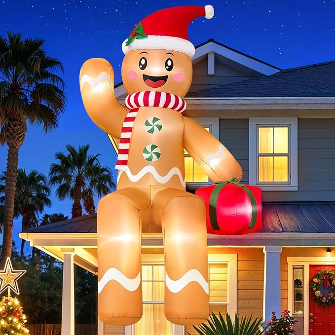 10FT Sitting Christmas Inflatable Gingerbread Man, Blow Up Yard Decorations - skull inflatable