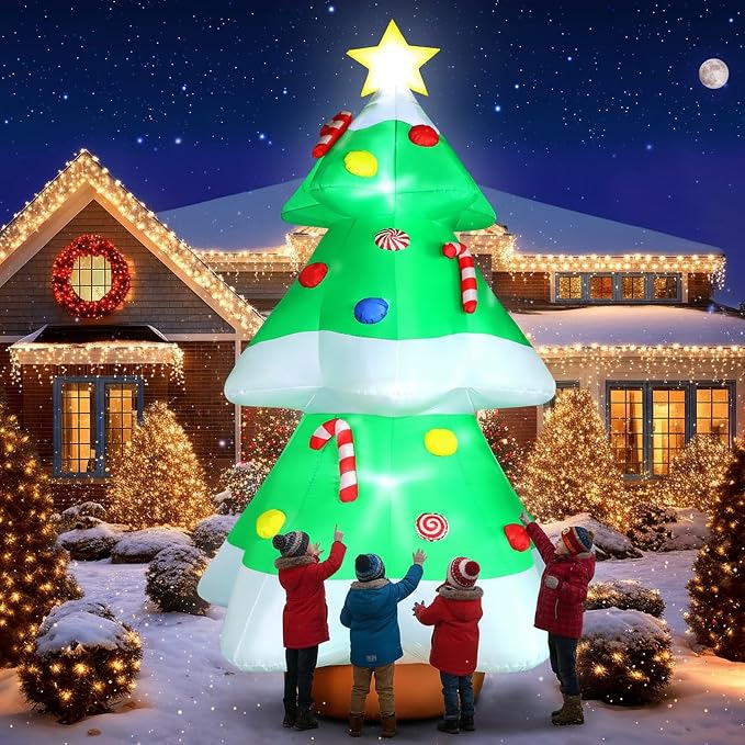 FunFanso 10 FT Christmas Tree Inflatables Outdoor Decorations with LED Lights, Giant Blow Up Christmas Tree Yard Decor with Star Treetop & Colorful Candy for Xmas Holiday Party Garden Patio Lawn Decor