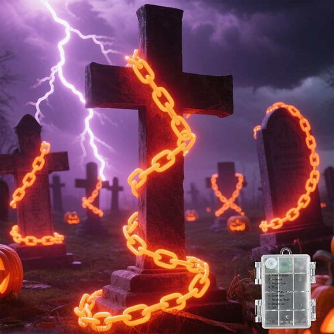 10Ft Battery Operated Plastic Chain Lights for Halloween Decorations, 8 Modes Timer Orange Halloween String Lights Waterproof Lighted Props Chains for Skeleton Dog, Haunt House,Costumes Party Decor - skeleton