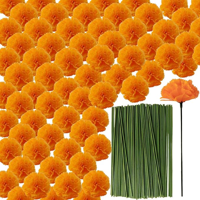 ROYHOO 101PCS Marigold Flower Heads Bulk, Silk Marigold with Stems Artificial Flowers for Diwali Home Decor Day of The Dead Wreath Garland - skull wreath