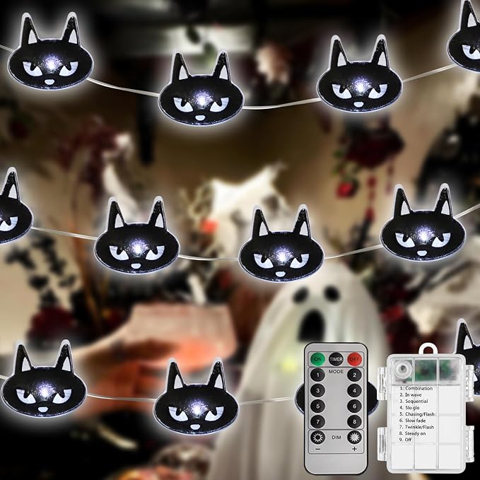 Curyidy Halloween Decorations Fairy Lights Black Cats, 30 LED Copper String Lights with Remote Control Battery Operated for Cosplay Party Supplies, Gothic Halloween Decor - string light