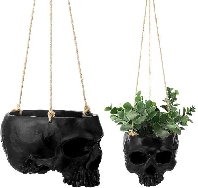 2 Pack Halloween Hanging Skull Planter with Rope
