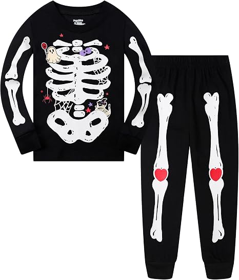 Popshion Kids Skeleton Pajamas Glow in the Dark 100% Cotton Sleepwear Toddler Girls Boys Skull Halloween Pjs Sets 3t-10t - skull pajamas