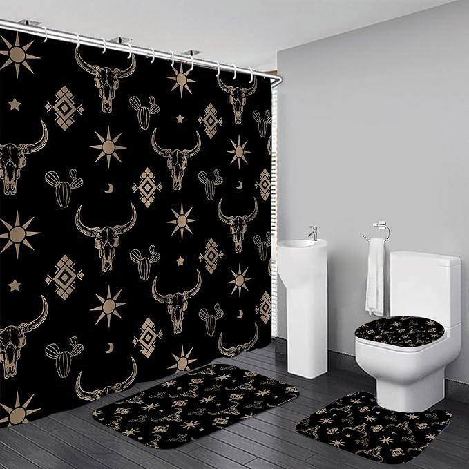 4Pcs Cow Skull Western Shower Curtains for Bathroom Sets with Rugs - skull toilet rug