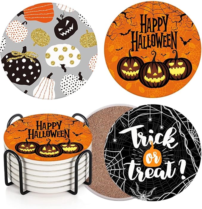 Halloween Ceramic Stone Coasters for Drinks, Set of 6, Pumpkin - skull coaster