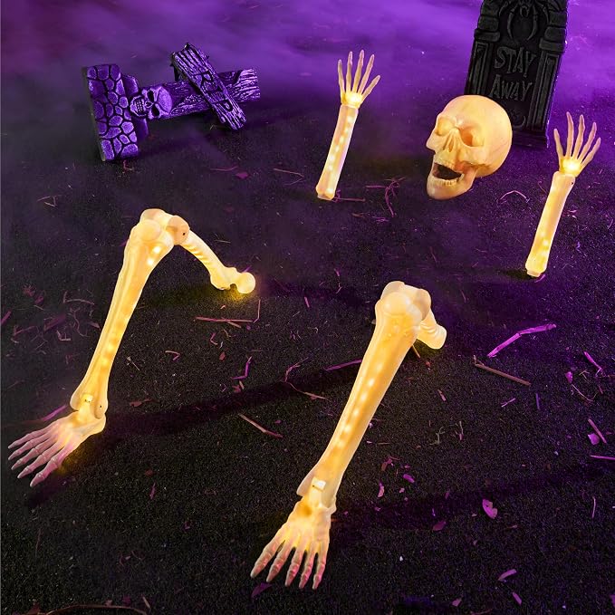 JOYIN 5 Pcs Halloween Skeleton Decorations Outdoor, LED Life Size Skeleton Yard Stakes, Light Up Full Body Realistic Skulls Decor for Graveyard Yard Lawn Garden Holiday Party Decoration - skeleton