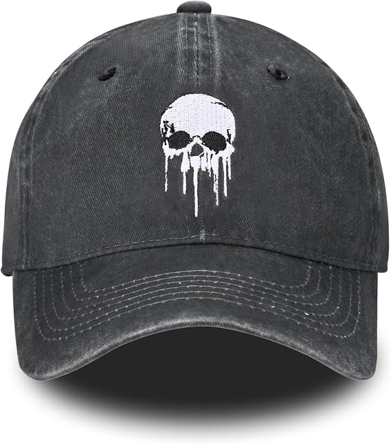 Embroidered Baseball Cap Adjustable Vintage Washed Distressed Denim Baseball Hat for Women Men - skull hat