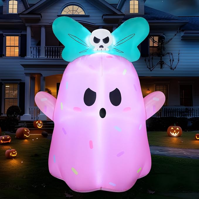 Joiedomi 5FT Tall Halloween Inflatable Ghost Outdoor Decorations, Cute Pink Ghost Blow Up Yard Decorations with Bowknot and LED Light for Halloween Decor, Garden Lawn Indoor Outdoor Party Decor - skull inflatable