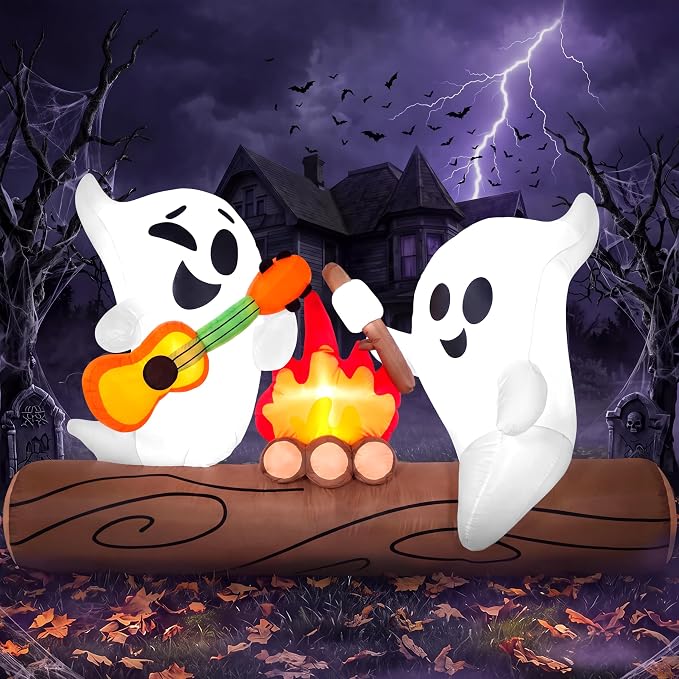 Joiedomi 6ft Long Halloween Inflatable Ghost Outdoor Decoration, Cute Blow Up Ghost Roasts Cotton Candy Over Campfire with LED, Halloween Blow Up Yard Decoration for Holiday Party Garden Lawn Decor - skull inflatable