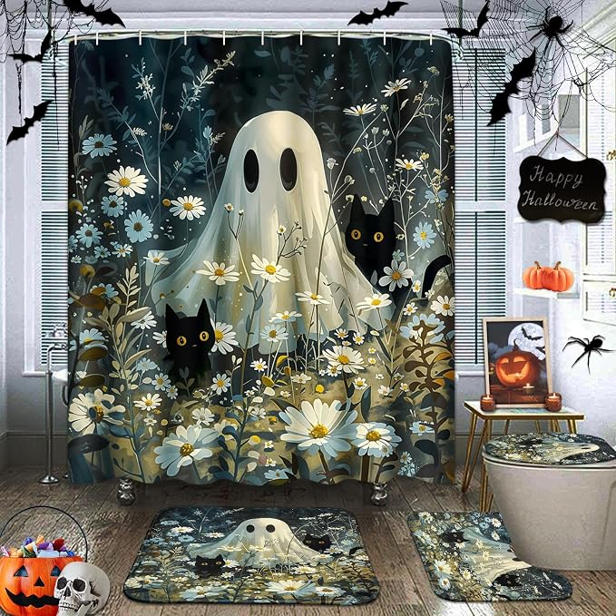 ArtSocket Halloween Bathroom Sets with Shower Curtain and Rugs, Cats Daisy