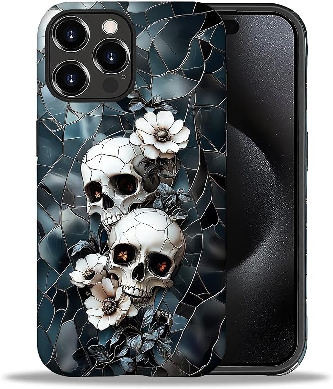 ZHEGAILIAN Case for iPhone 16 Pro Max,Shockproof Hard Shell + Soft Silicone 2 in 1 Hybrid,Shockproof Bumper Drop Protective - Skeleton Wild Flowers Dark - Skull phone case