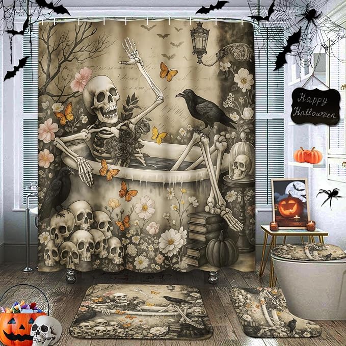 ArtSocket Halloween Bathroom Sets with Shower Curtain and Rugs, Spooky - skull toilet mat