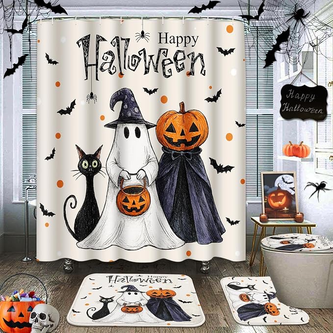 Arttown Halloween Bathroom Sets with Shower Curtain and Rugs, Ghost - skull toilet mat