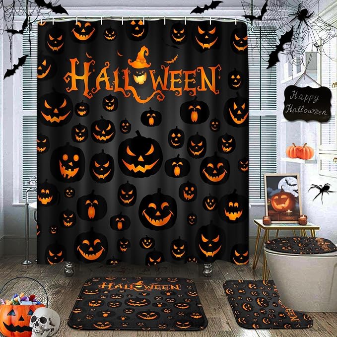 ArtSocket Halloween Bathroom Sets with Shower Curtain and Rugs, Black Evil - skull toilet mat