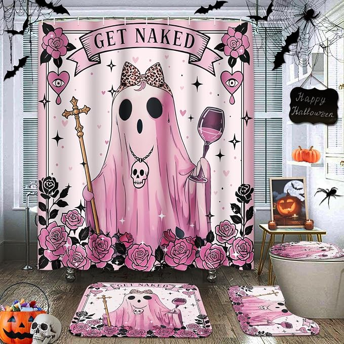 Arttown Halloween Bathroom Sets with Shower Curtain and Rugs, Funny Ghost - skull toilet paper