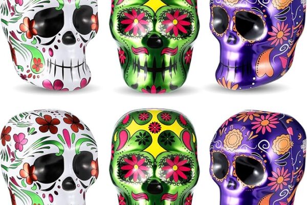 Honeydak 6 Pcs Day of The Dead Skulls Halloween Sugar Candies Skull Metal Tin Dia De Los Muertos Skull for Indoor Ofrenda Decoration Holiday Display Halloween Party Favor