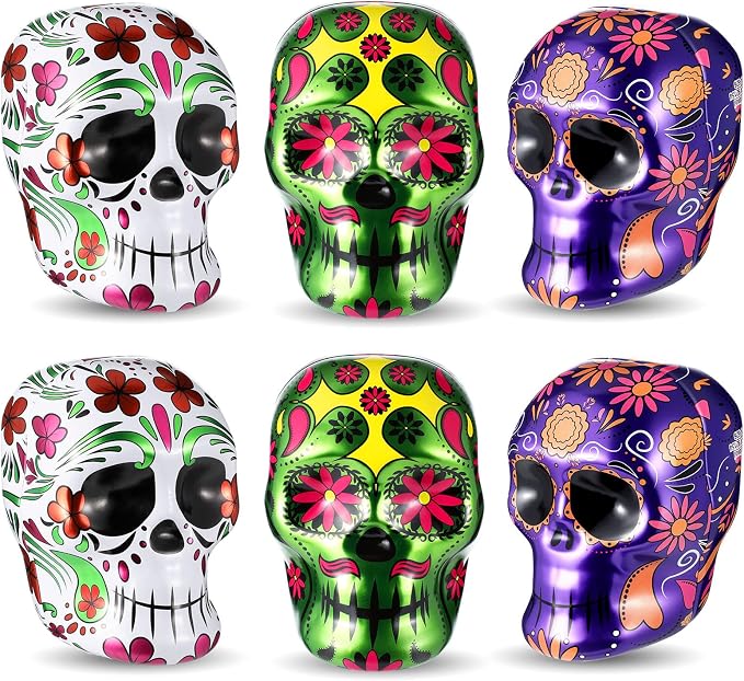 Honeydak 6 Pcs Day of The Dead Skulls Halloween Sugar Candies Skull Metal Tin Dia De Los Muertos Skull for Indoor Ofrenda Decoration Holiday Display Halloween Party Favor - sugar skull handbags for sale