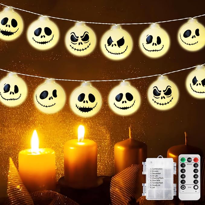 Halloween Decorations Nightmare 30 LED String Lights with Remote Control Jack Skellington Fairy Lights Battery Operated Spooky Decor for Home,Indoor Outdoor,Cosplay Party Supplies,Halloween Decor - string light