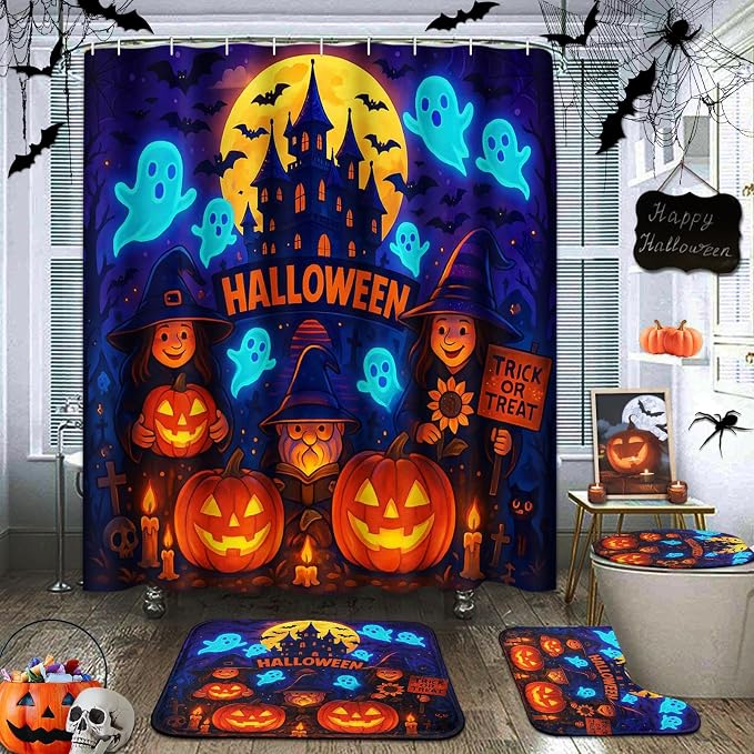 ArtSocket Halloween Bathroom Sets with Shower Curtain and Rugs, Ghosts