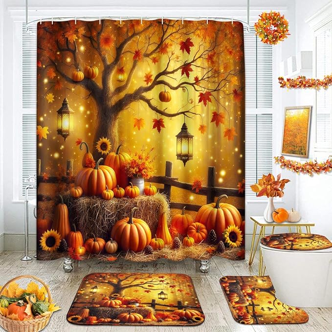 ArtSocket Fall Bathroom Sets with Shower Curtain and Rugs Autumn Sunflower
