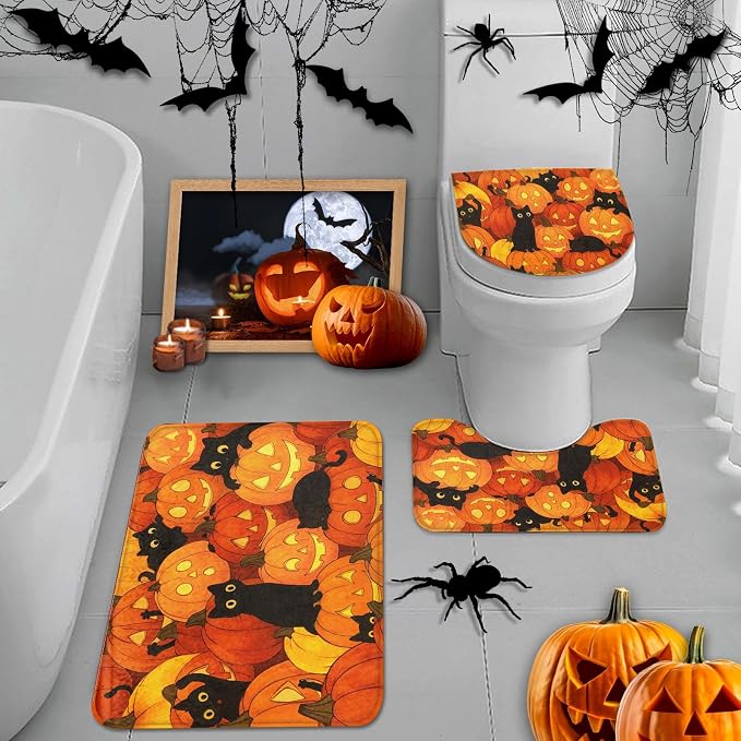 Arttown Bathroom Rug Set of 3,Bath Mats Halloween Pumpkins - skull toilet rug