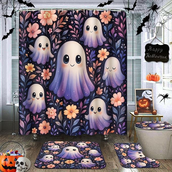 ArtSocket Halloween Bathroom Sets with Shower Curtain and Rugs, Purple - skull toilet mat