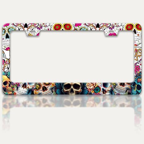 Sugar Skull License Plate Frame Skeleton License Plate Holder 6x12 Inch - skull plate