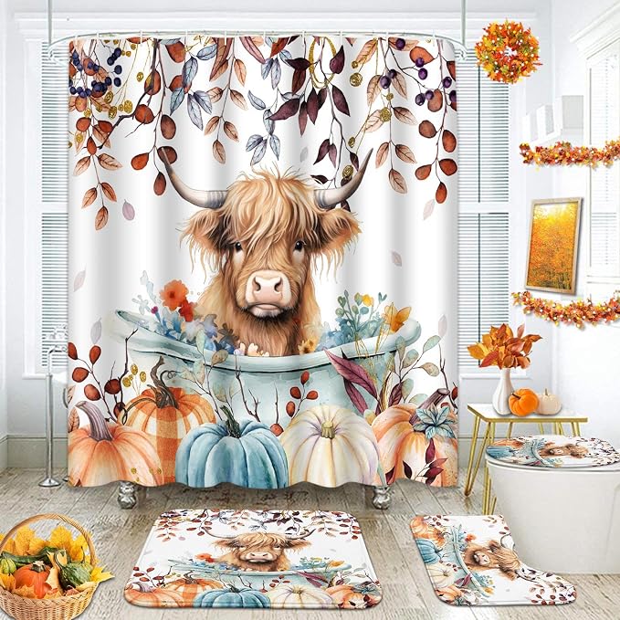 ArtSocket Fall Bathroom Sets with Shower Curtain and Rugs, Highland - skull toilet mat