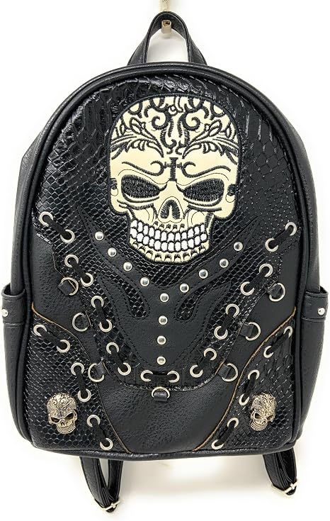 Texas West Metal Skull Concealed Carry Backpack Women Travel Biker Motorcycle Purse Black Color (G46SK9) - skull backpack