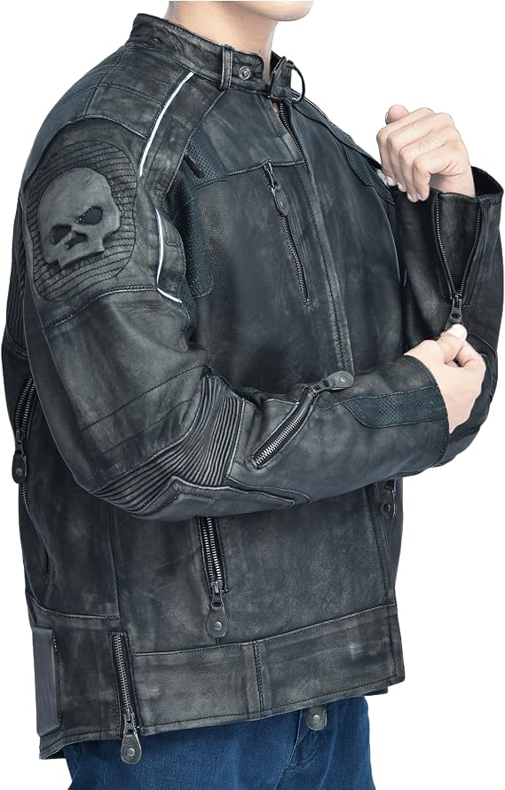 Genuine Black & White Distressed Real Leather Biker Motorcycle Jacket for Men Bomber Cruiser Real Lambskin Vintage Jacket - skull jacket