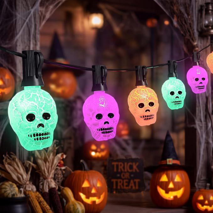 10.5FT Halloween Skeleton String Lights, 10L Plug in Ghost Head Lights - string light