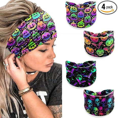 4 Pack Halloween Headbands for Women, Neon Spooky Skull Pumpkin Bat Punk Style Wide Stretchy Hair Bands, Breathable Stretchy Non-Slip Holiday Themed Hair Accessories for Party, Yoga, Makeup, Costume