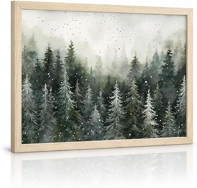 Framed Green Pine Forest Wall Art pine tree Canvas Print forest Snow Scene Poster Picture Home Wall Winter Nature Gallery Artwork Painting 12x16 Inch Ready to Hang - skull wall art
