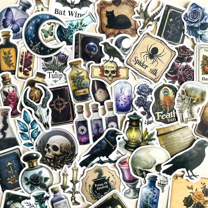 50 PCS Gothic Dark Academia Stickers – Vintage Witchcraft Occult Aesthetic Decals for Laptop, Water Bottle, Journal, Scrapbook – Skull, Crow, Potion, Witchy Decor Stickers for Teens & Adults - skull sticker