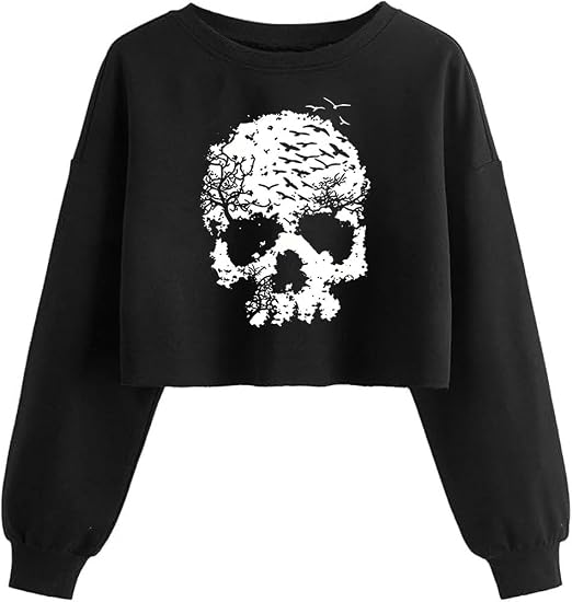 Women's Halloween Thanksgiving Crop Sweatshirt Lantern Long Sleeve - skull hoodie