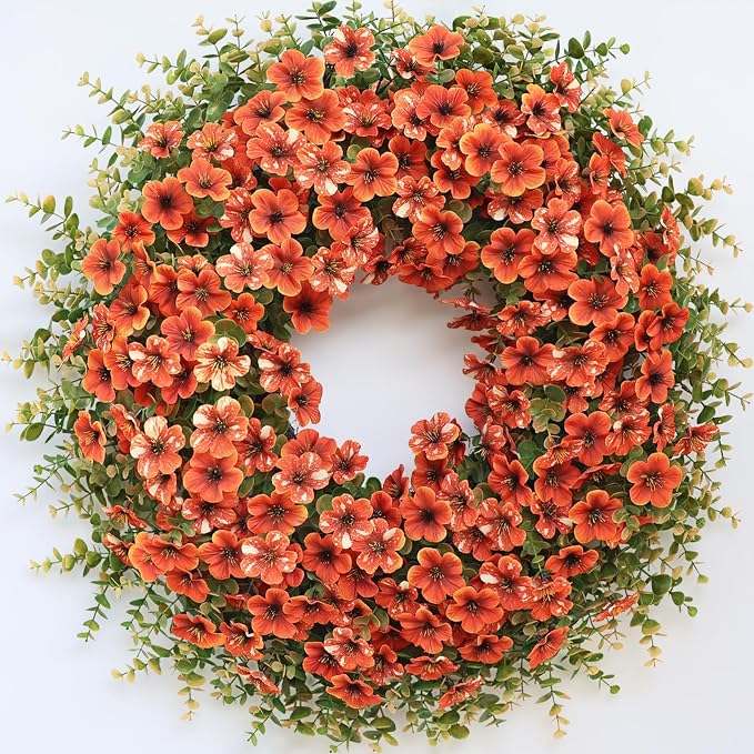 26″ Large Artificial Silk Flower Eucalyptus Wreath for Outdoor(Fall Orange)