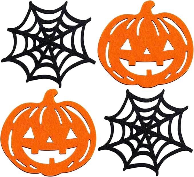 Halloween Coasters, Halloween Coasters Set of 4, Pumpkin Coaster, Yellow Black Drink Coaster - skull coaster
