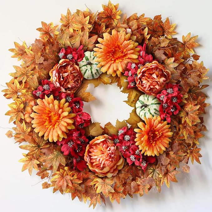 26" Artificial Fall Wreath, Silk Flowers Maple Leaf for Front Door (Orange) - skull wreath