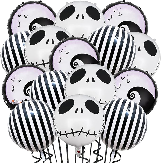 15 Pcs Halloween Party Balloons Skull Balloons Black and White Striped Skeletons Balloon Nightmare Skull Foil Balloons for Halloween Christmas Birthday Baby Shower Themed Party Decorations - skull inflatable