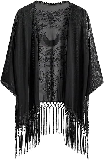 BEAUDRM Women's Goth Fringe Kimonos Tops Whimsical Sheer Shawl Cardigan - skull jacket