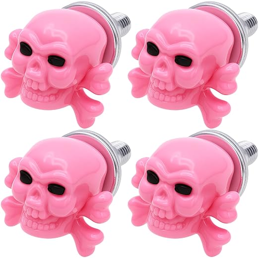 Skull License Plate Screws Kit (4 Pack) - Universal Fit for Cars, Trucks, Motorcycles - Stainless Steel Anti-Theft Bolts with Decorative Pink Skull Caps - skull plate