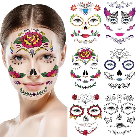 Halloween Temporary Face Tattoos Makeup Kit, Day of the Dead Sugar Skull Floral Black Skeleton Web Red Roses Full Face Mask Stickers Tattoo Families Party Supplies - sugar skull makeup
