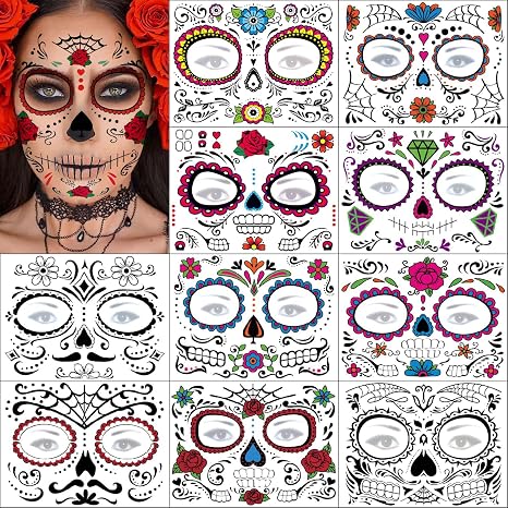 Halloween Temporary Face Tattoos Makeup Kit, Day of the Dead Sugar Skull Floral Black Skeleton Web Red Roses Full Face Mask Stickers Tattoo Families Party Supplies - sugar skull makeup