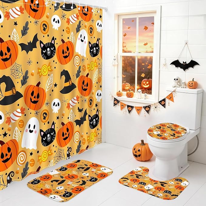 Mocsicka Cute Halloween Shower Curtain Set for Bathroom 4Pcs - skull toilet mat