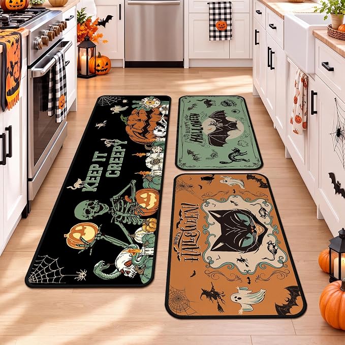 SATINIOR 3 Pcs Halloween Skeleton Kitchen Rug and Mat, Non Slip Floor Mats - skull carpet